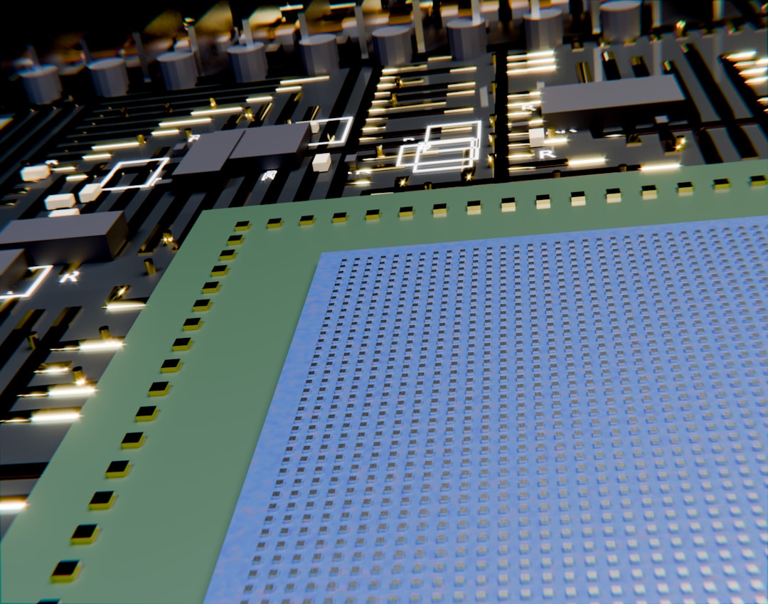 A computer chip rests on a detailed circuit board